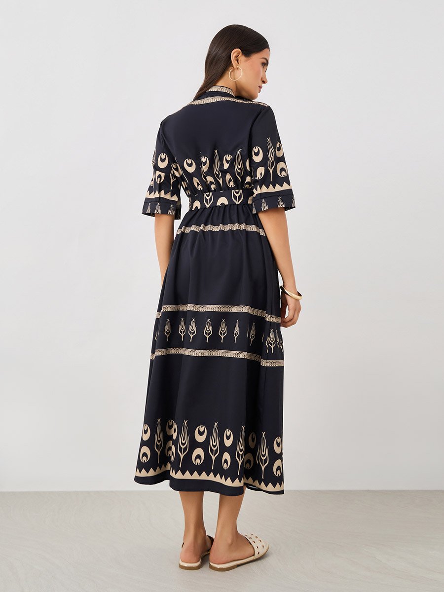 Printed Short Sleeves A-Line Midi Dress