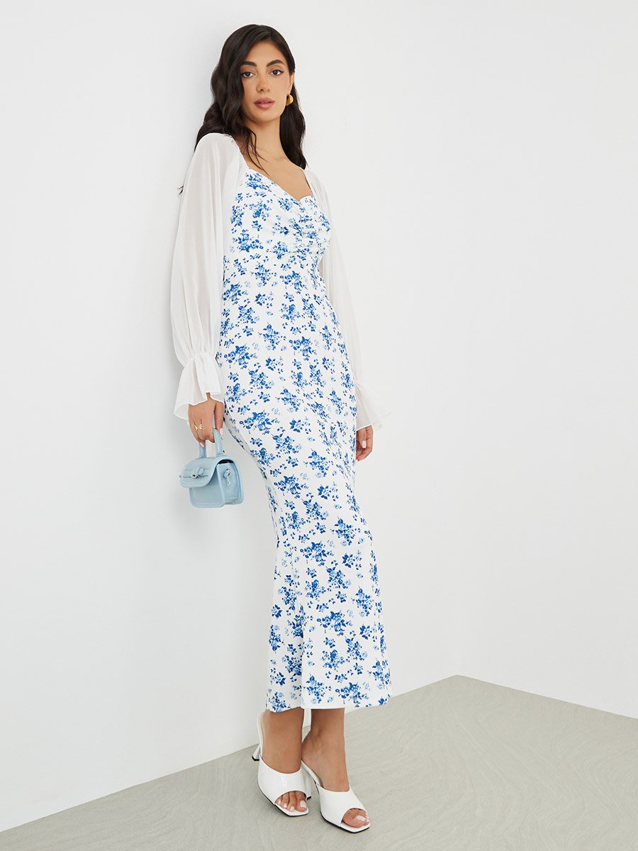 Floral Printed Balloon Sleeves Sweetheart Neck Midi Dress