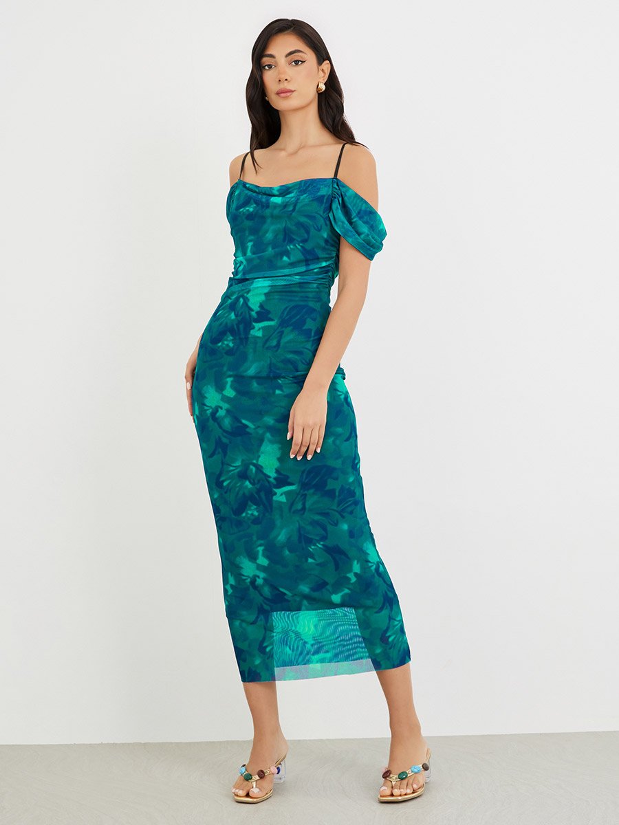 Printed Off-Shoulder Bodycon Midi Dress