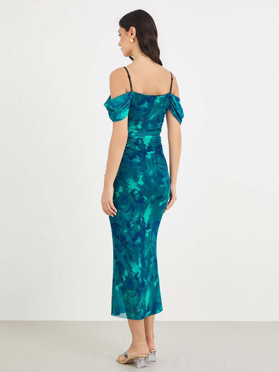 Printed Off-Shoulder Bodycon Midi Dress
