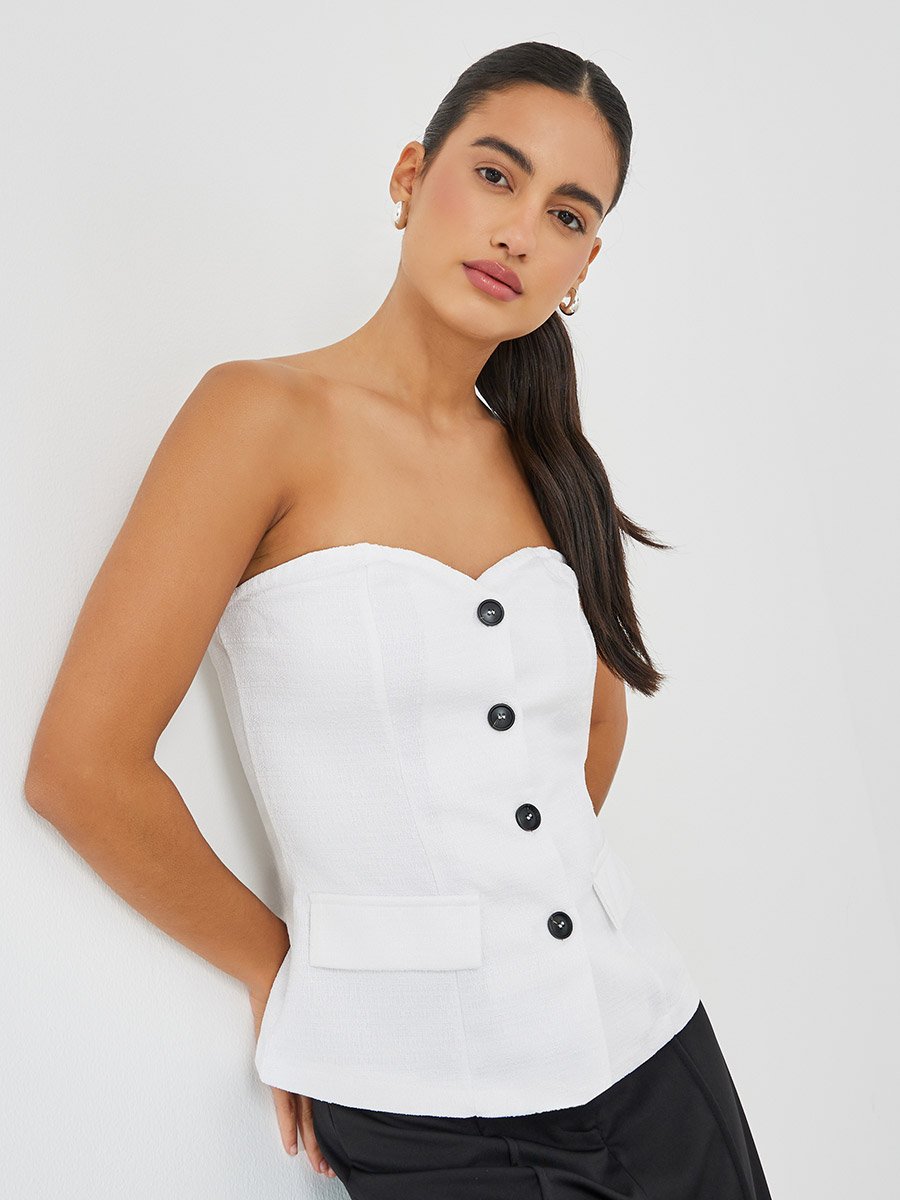 Front Button Sweetheart Bandeau Neck Blouse