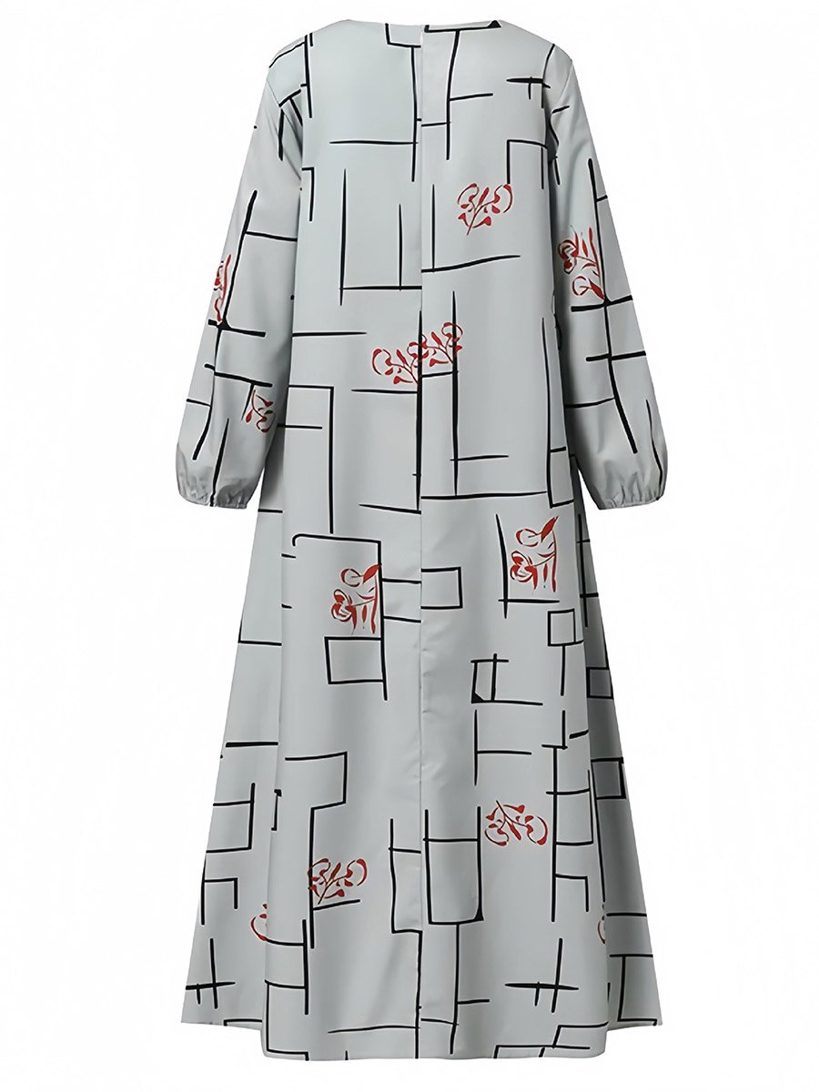 Printed Balloon Sleeve A-Line Maxi Dress