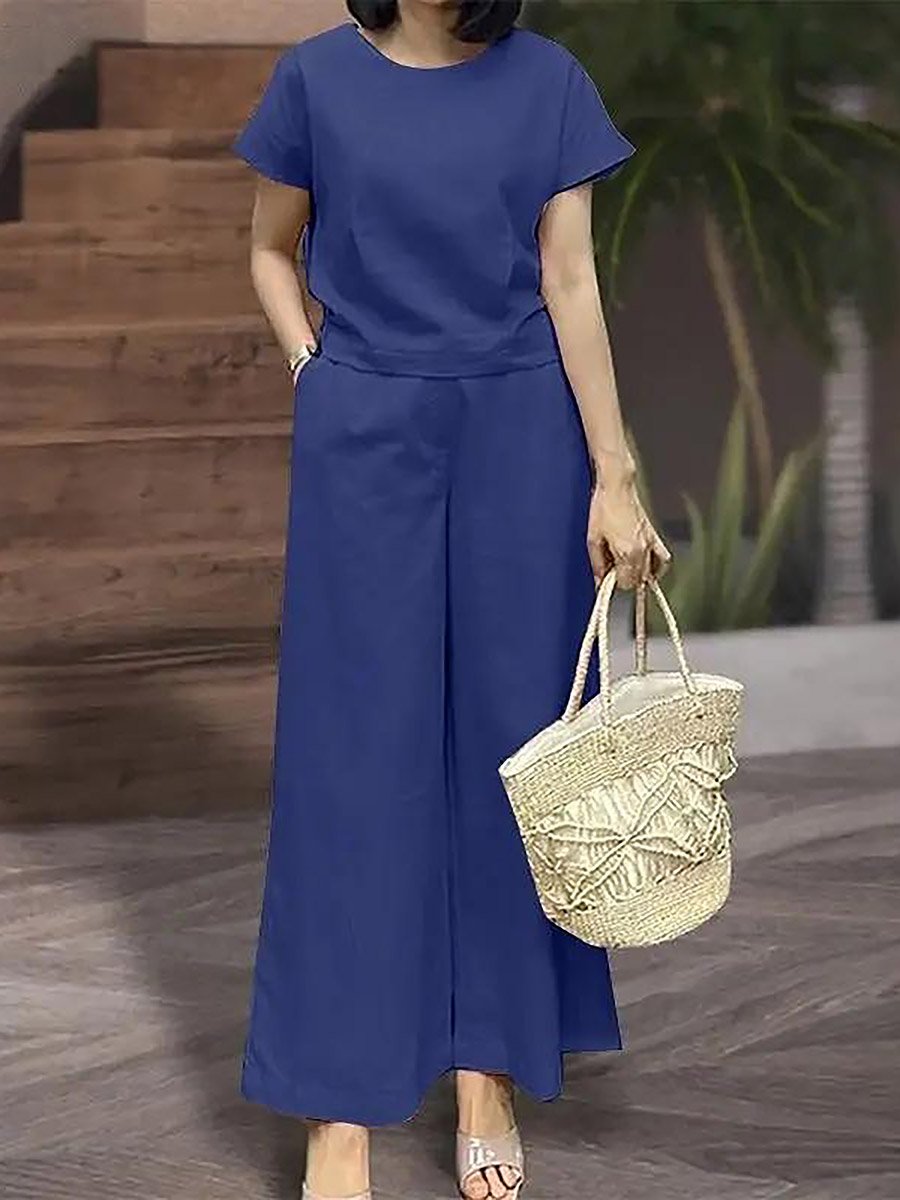 Solid Short Sleeve Top and Wide Leg Pants Co-Ords