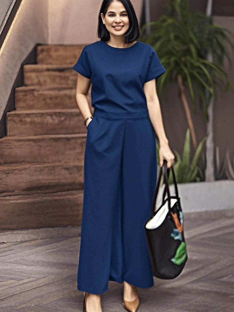 Solid Short Sleeve Top and Wide Leg Pants Co-Ords
