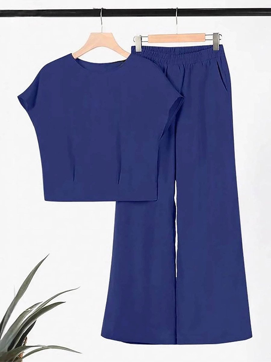 Solid Short Sleeve Top and Wide Leg Pants Co-Ords