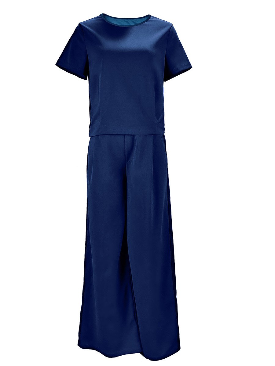 Solid Short Sleeve Top and Wide Leg Pants Co-Ords