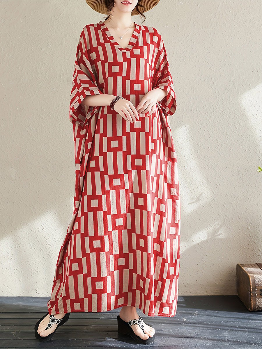 Women Geometric Print V Neck Short Sleeve Kaftan