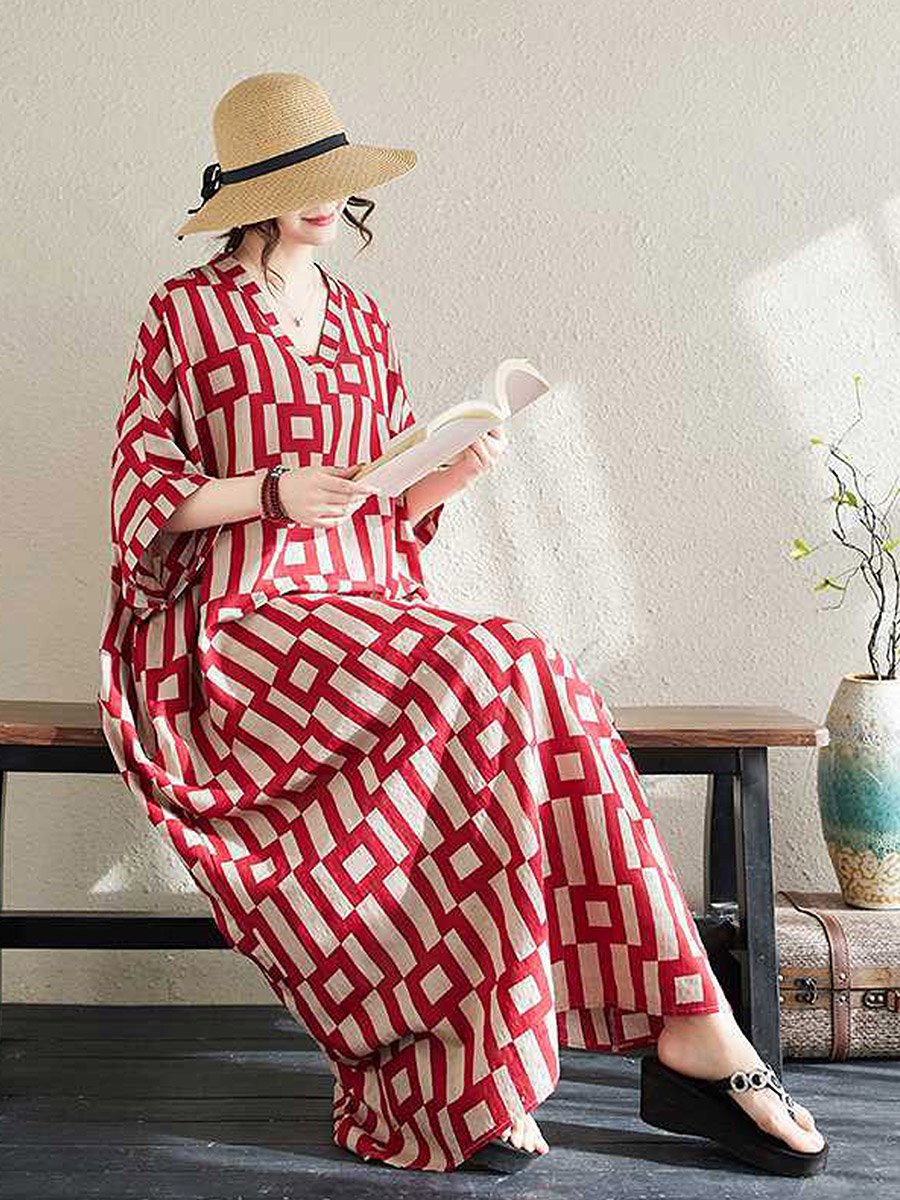 Women Geometric Print V Neck Short Sleeve Kaftan