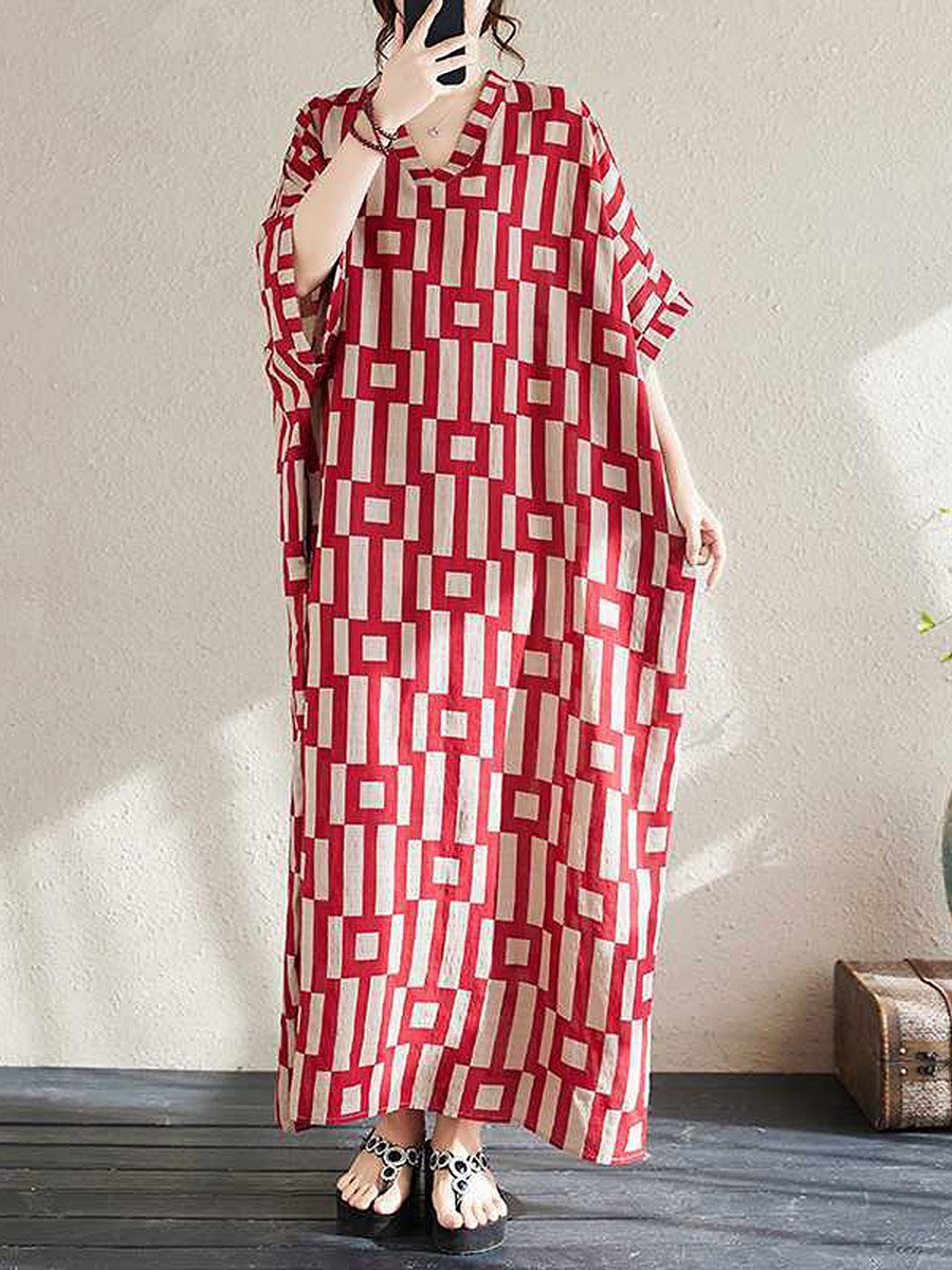 Women Geometric Print V Neck Short Sleeve Kaftan