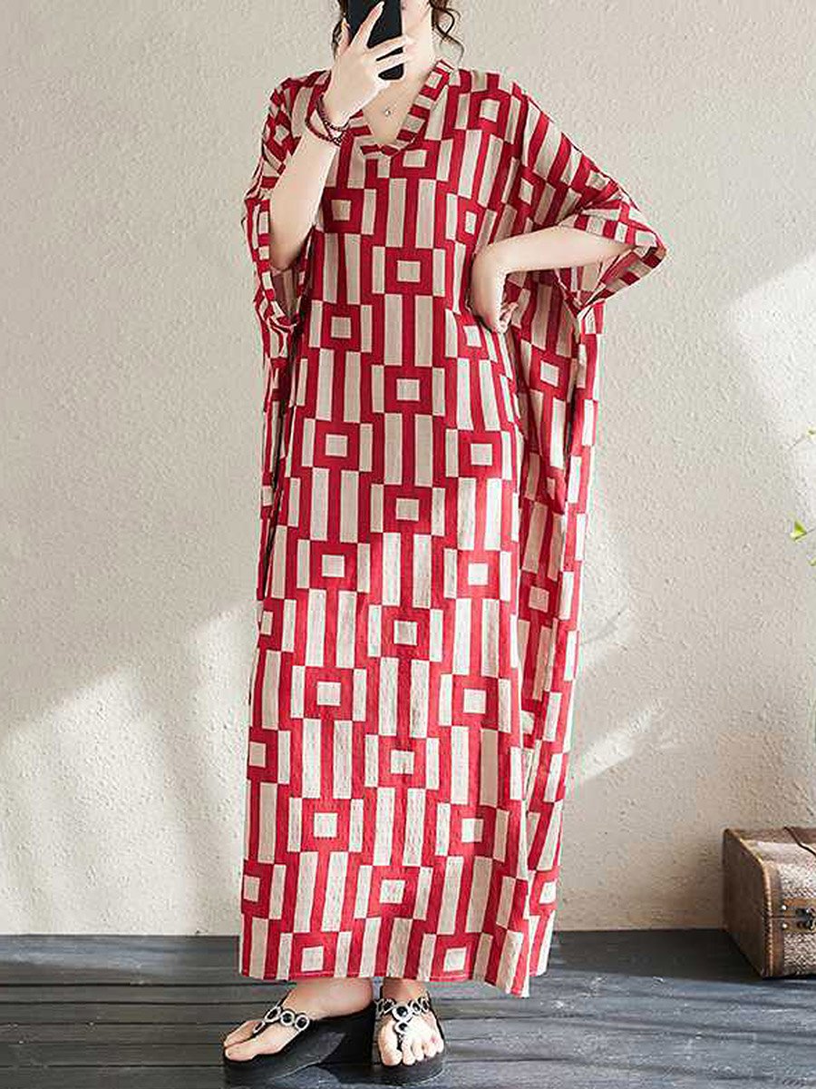 Women Geometric Print V Neck Short Sleeve Kaftan