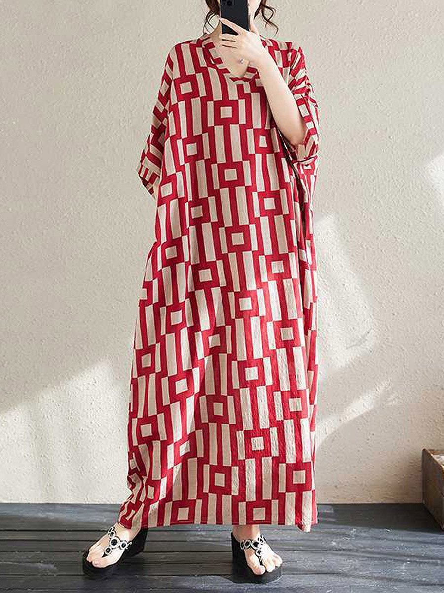 Women Geometric Print V Neck Short Sleeve Kaftan