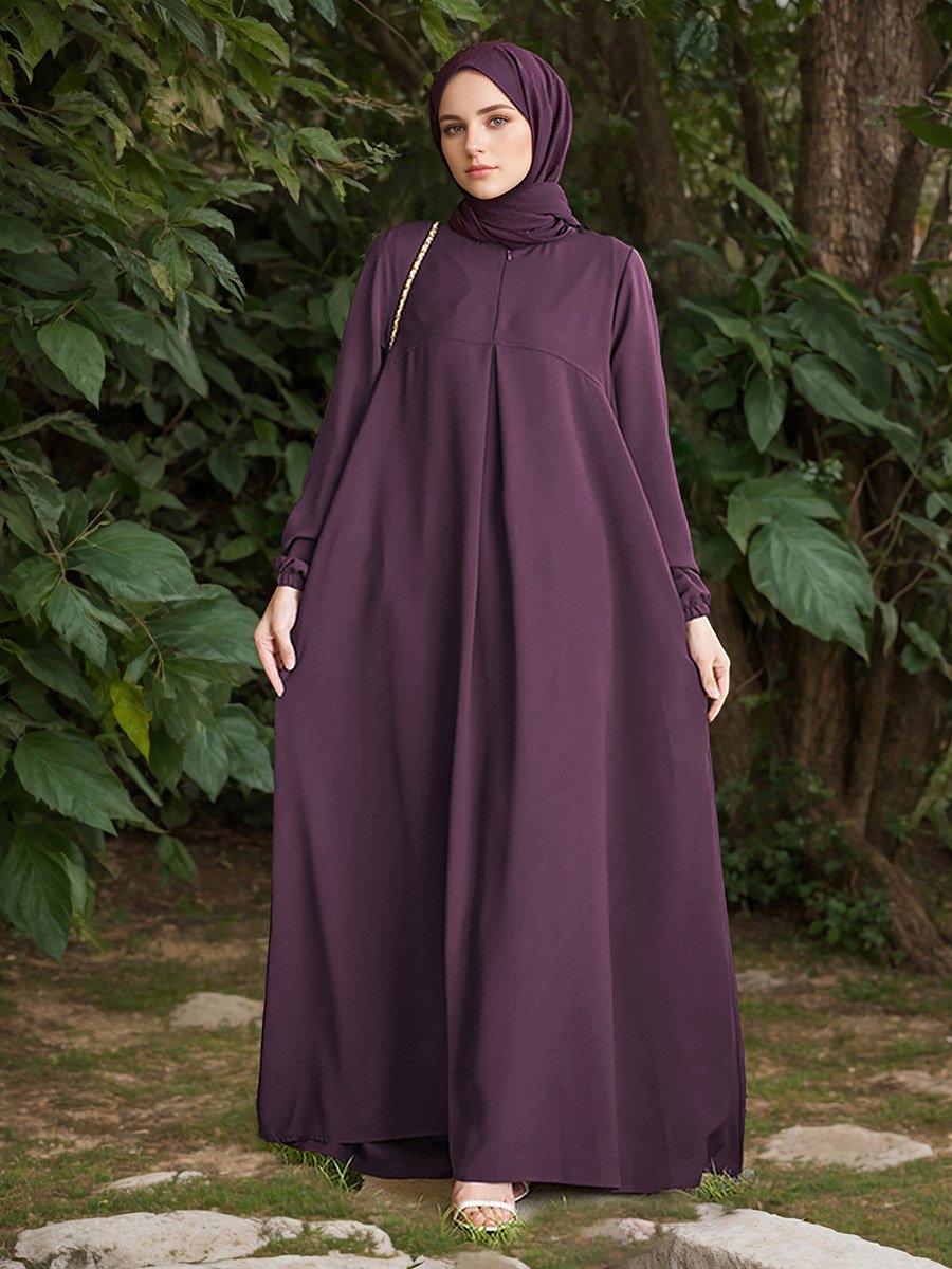 Women Solid Cuffed Sleeves Jalabiya with Zip Front