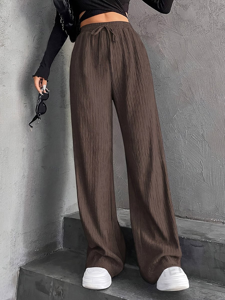 Women Brown Textured Drawstring Waist Wide Leg Pants
