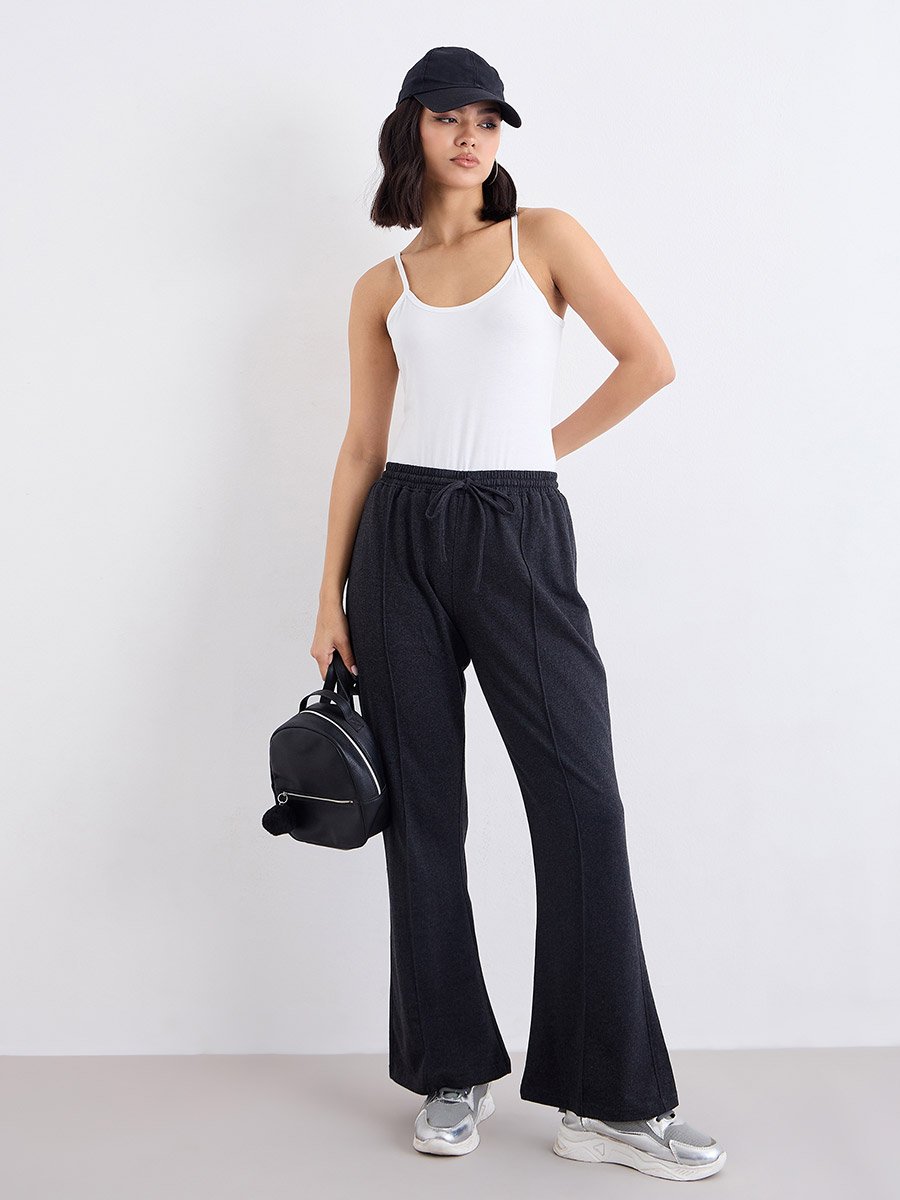 Charcoal Boot Flared Joggers with Pintuck Detail