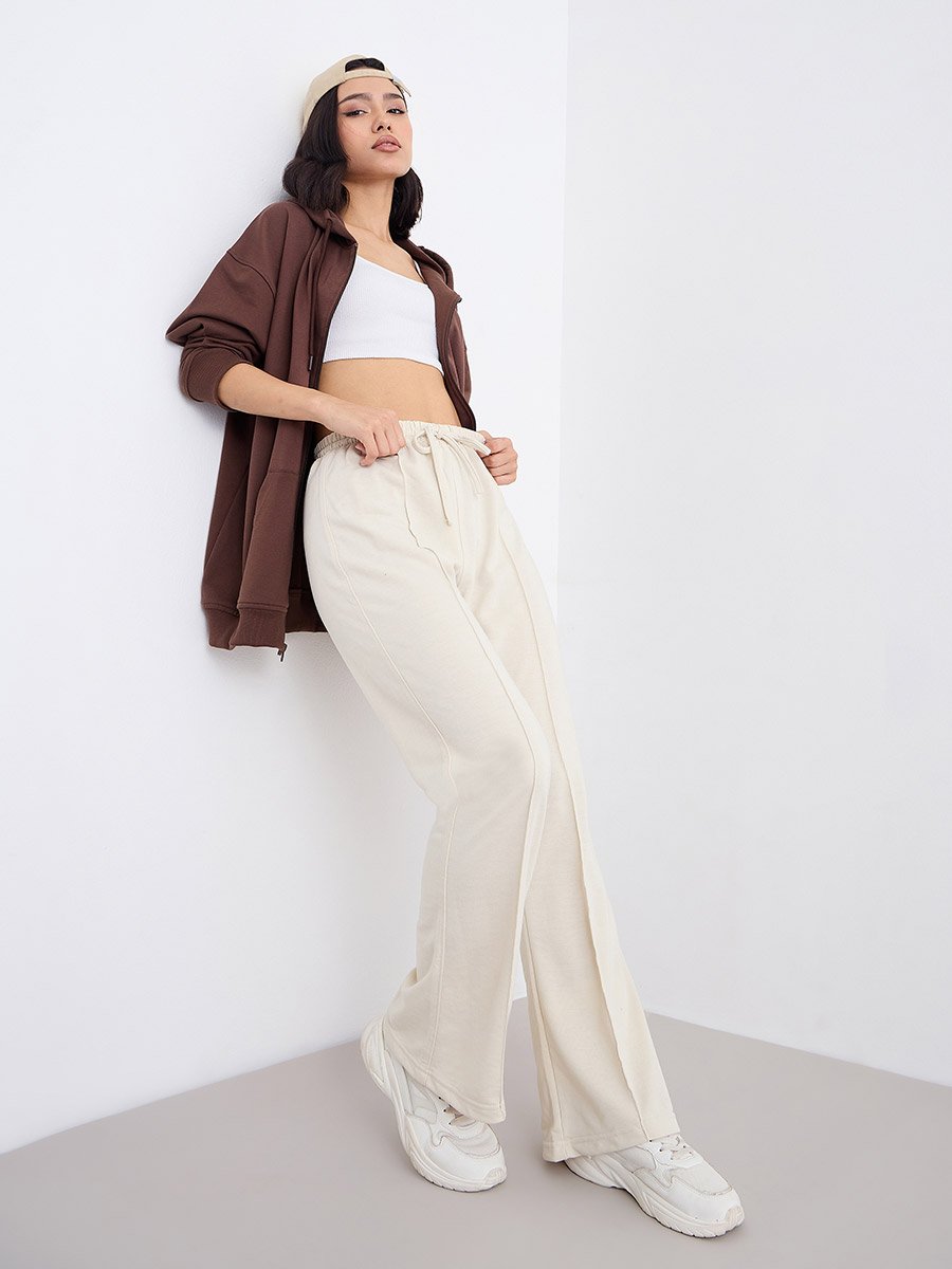 Cream Boot Flared Joggers with Pintuck Detail