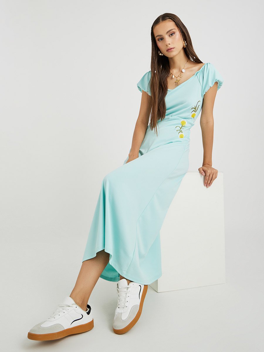 Embroidered Puff Sleeve A-Line Midi Dress