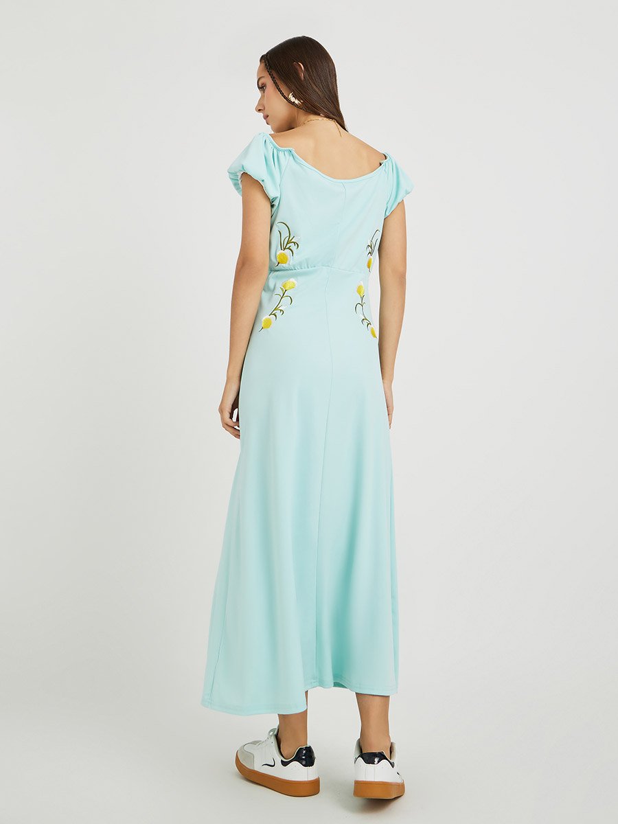 Embroidered Puff Sleeve A-Line Midi Dress