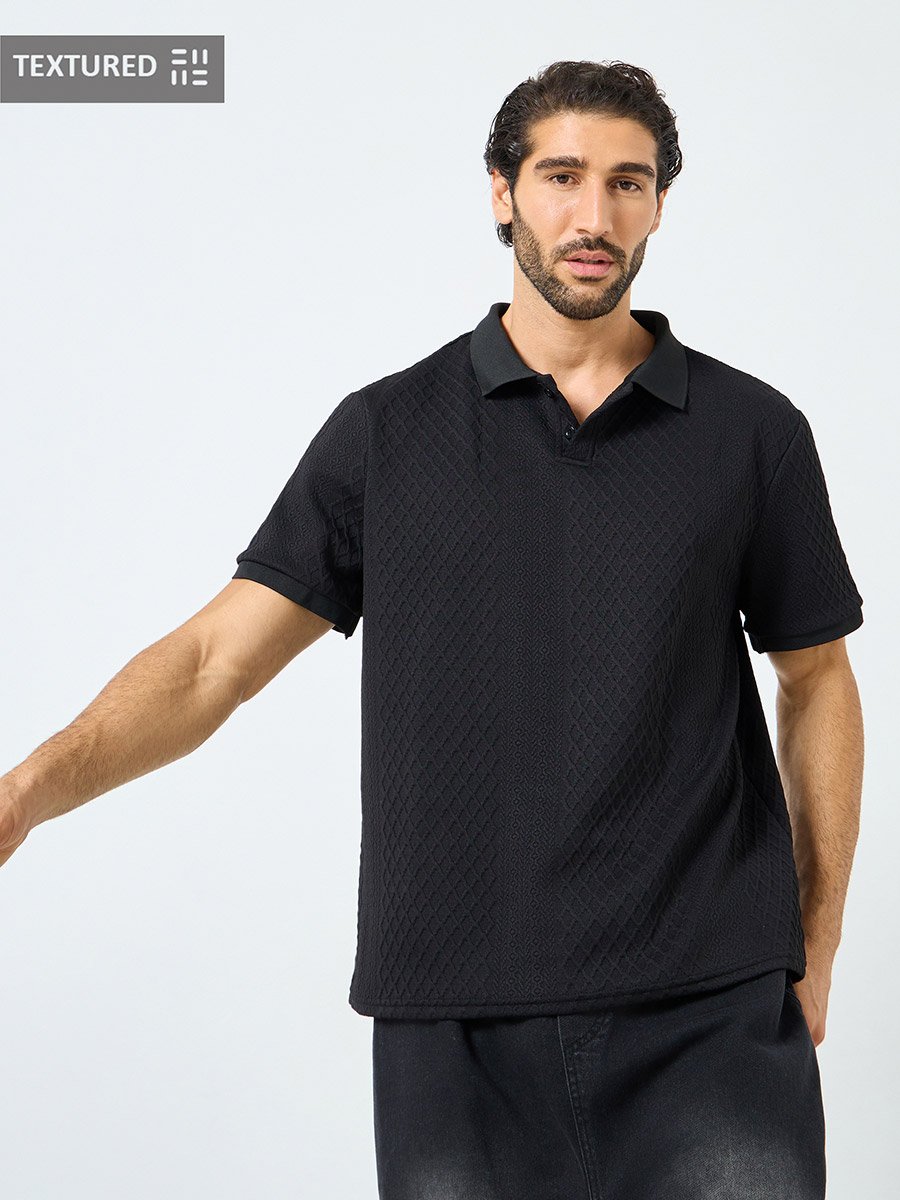 Black Textured Regular Fit Polo T-Shirt