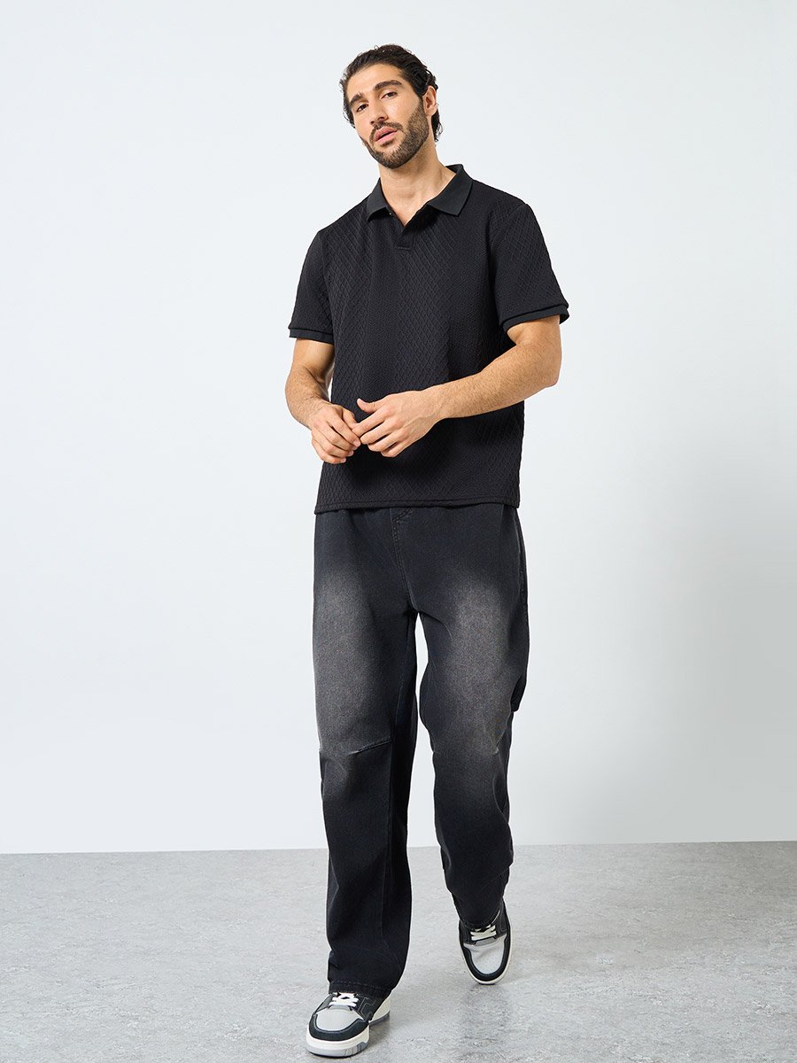 Black Textured Regular Fit Polo T-Shirt