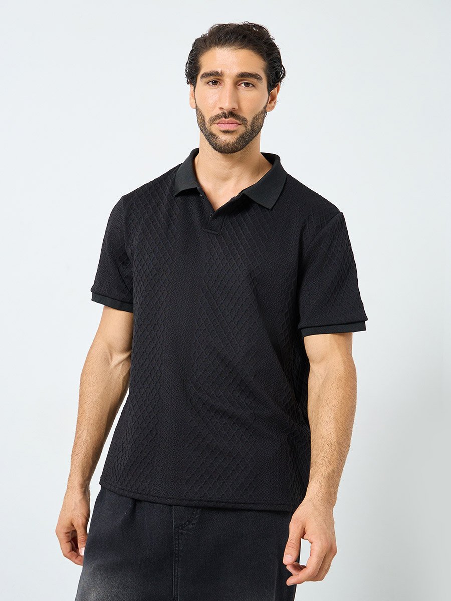 Black Textured Regular Fit Polo T-Shirt
