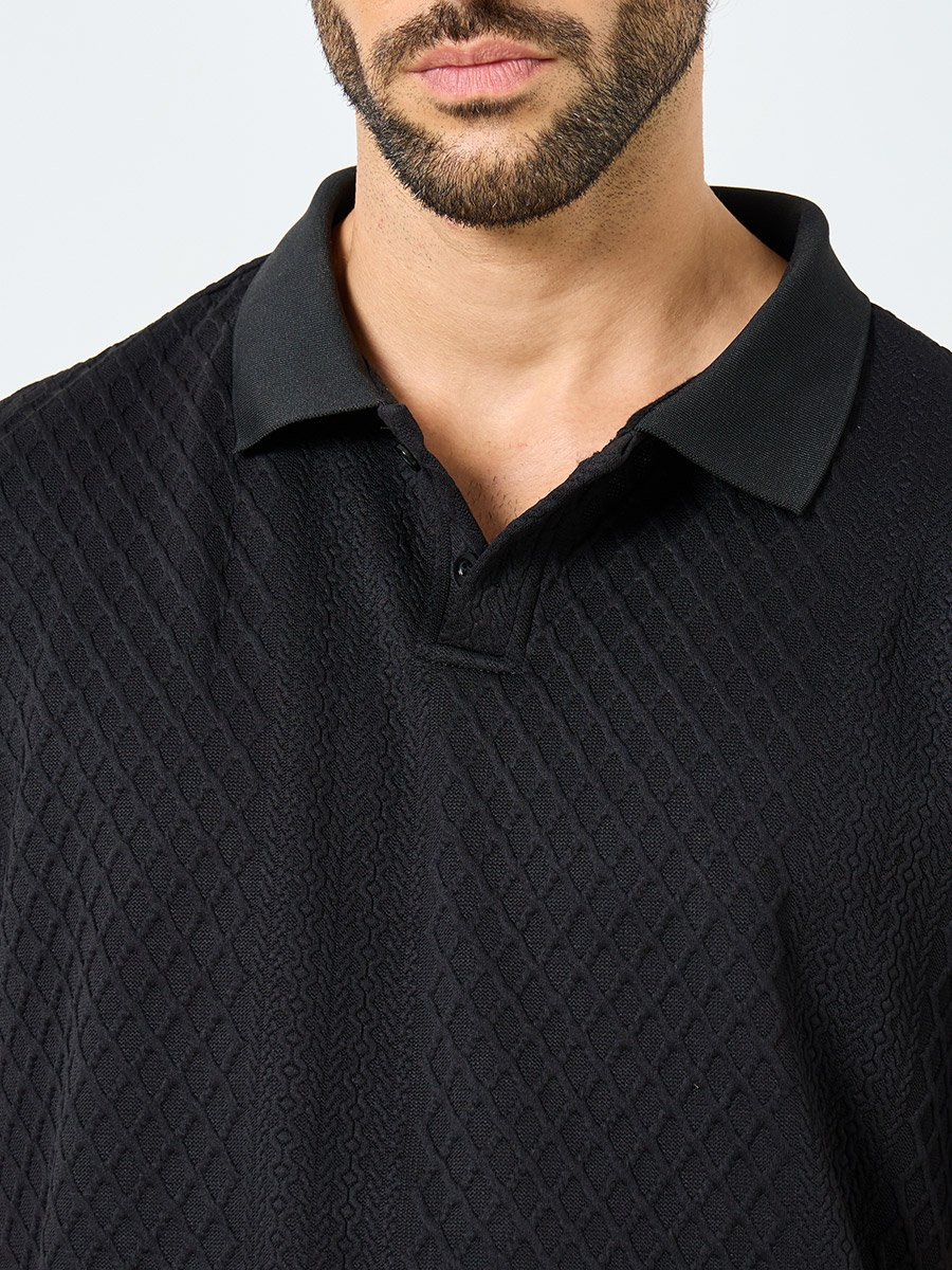 Black Textured Regular Fit Polo T-Shirt