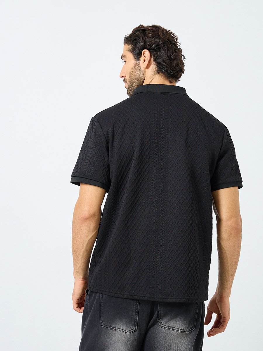 Black Textured Regular Fit Polo T-Shirt