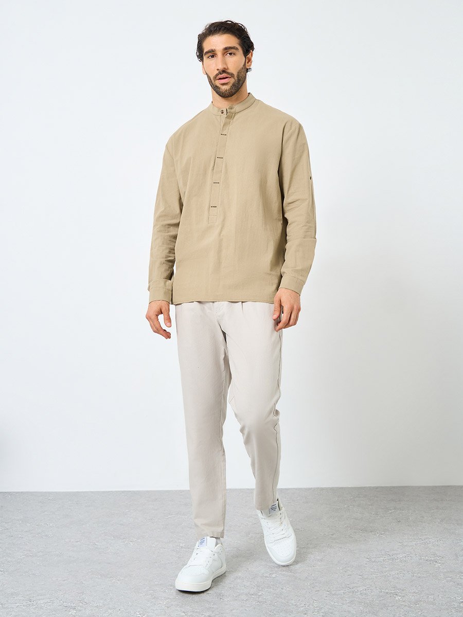 Men Mandarin Collar Half Placket Regular Fit Shirt