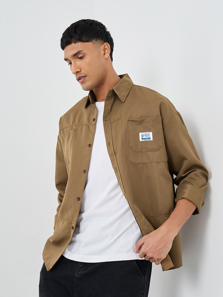 Men Beige Oversized Utility Shacket