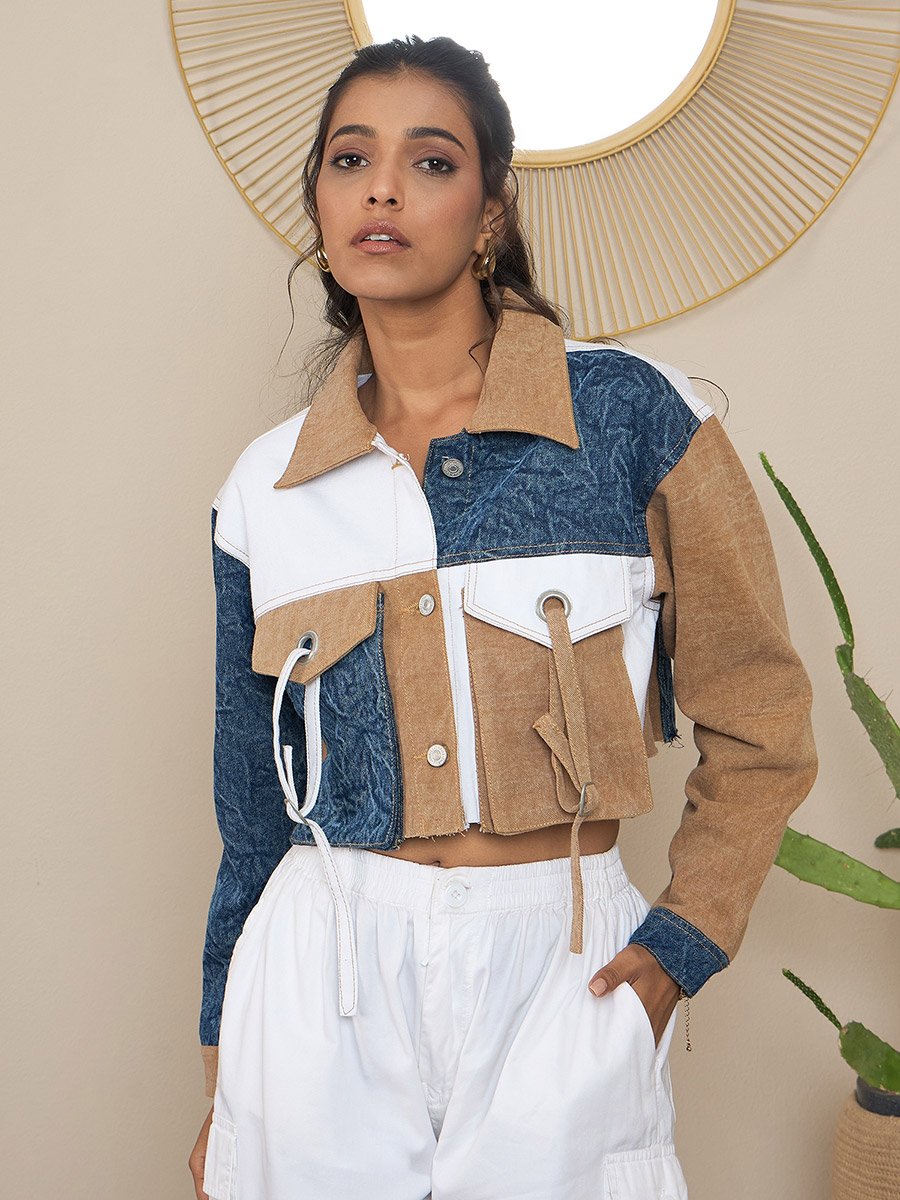 Brown Denim Crop Jacket with Color Block Patchwork