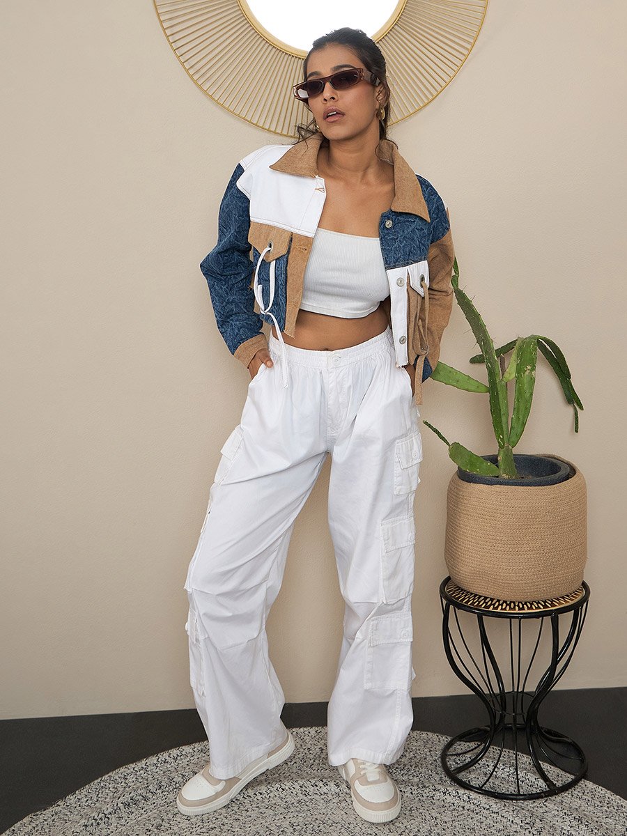 Brown Denim Crop Jacket with Color Block Patchwork