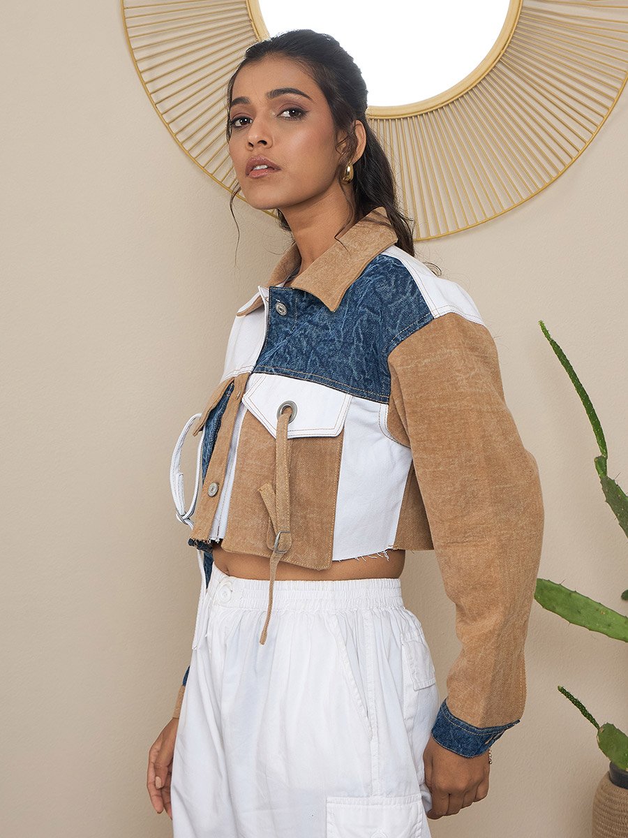 Brown Denim Crop Jacket with Color Block Patchwork