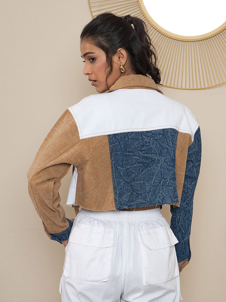 Brown Denim Crop Jacket with Color Block Patchwork
