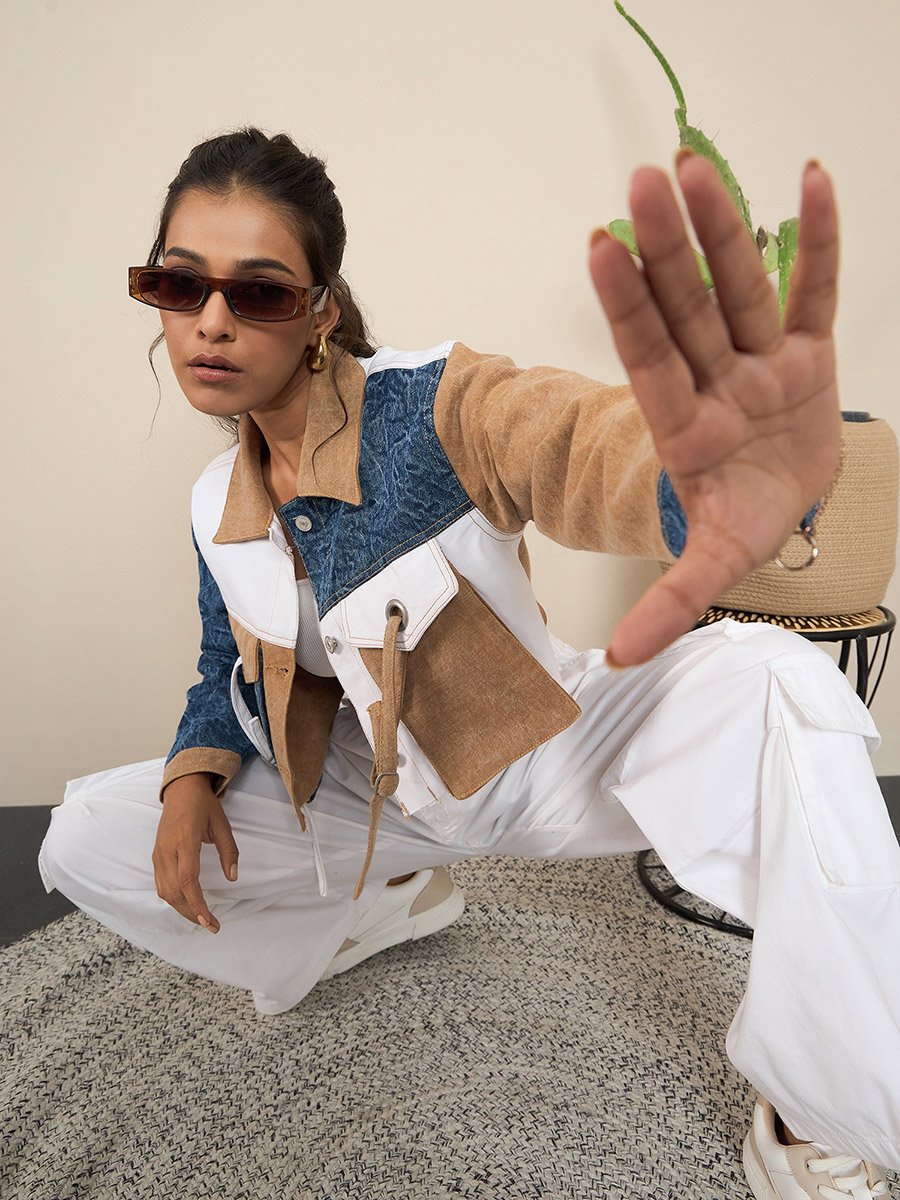 Brown Denim Crop Jacket with Color Block Patchwork