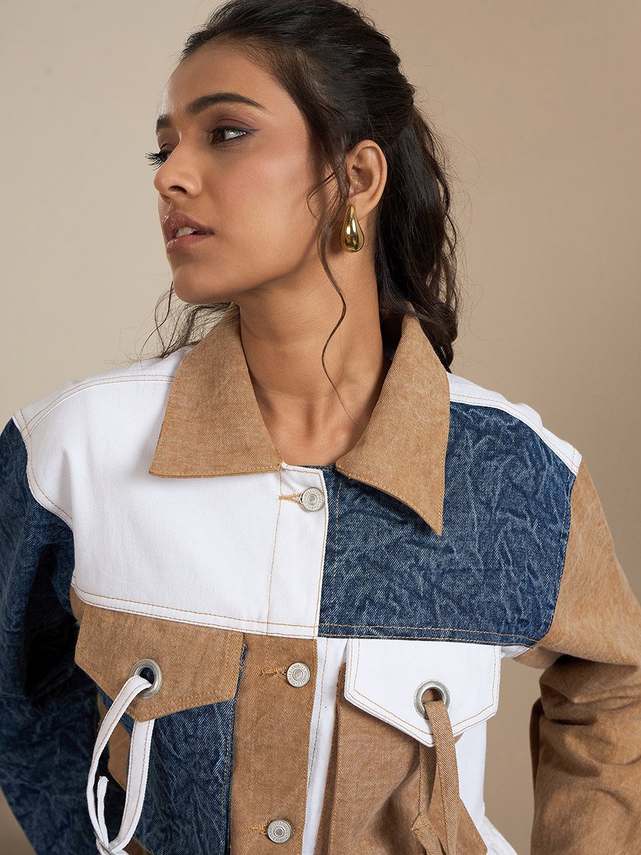 Brown Denim Crop Jacket with Color Block Patchwork