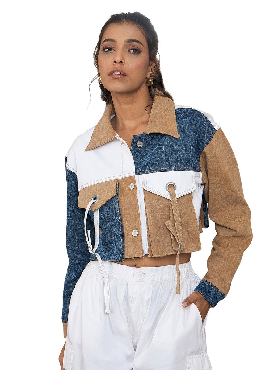 Brown Denim Crop Jacket with Color Block Patchwork