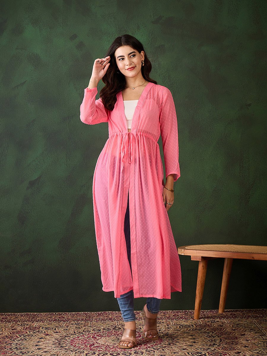 Pink Solid Chiffon Ruched Waist Shrug