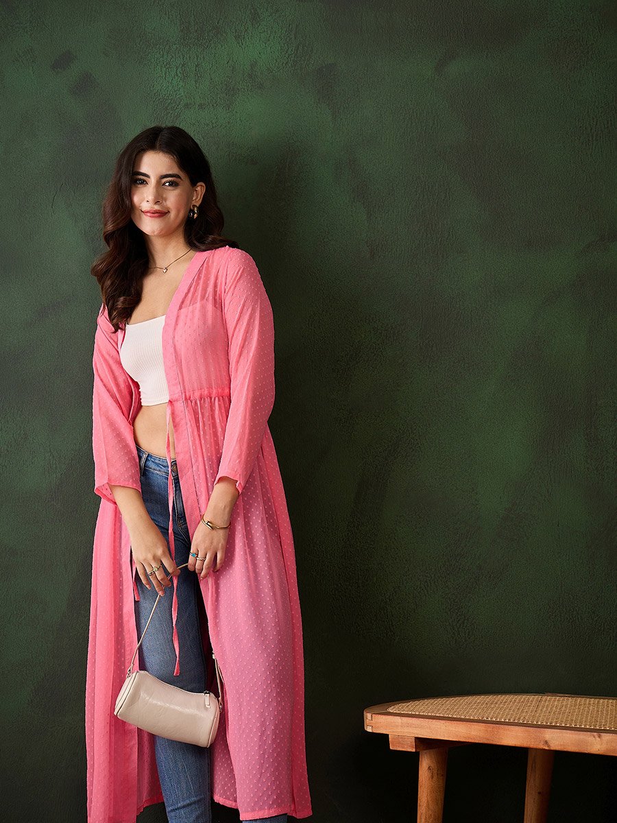 Pink Solid Chiffon Ruched Waist Shrug