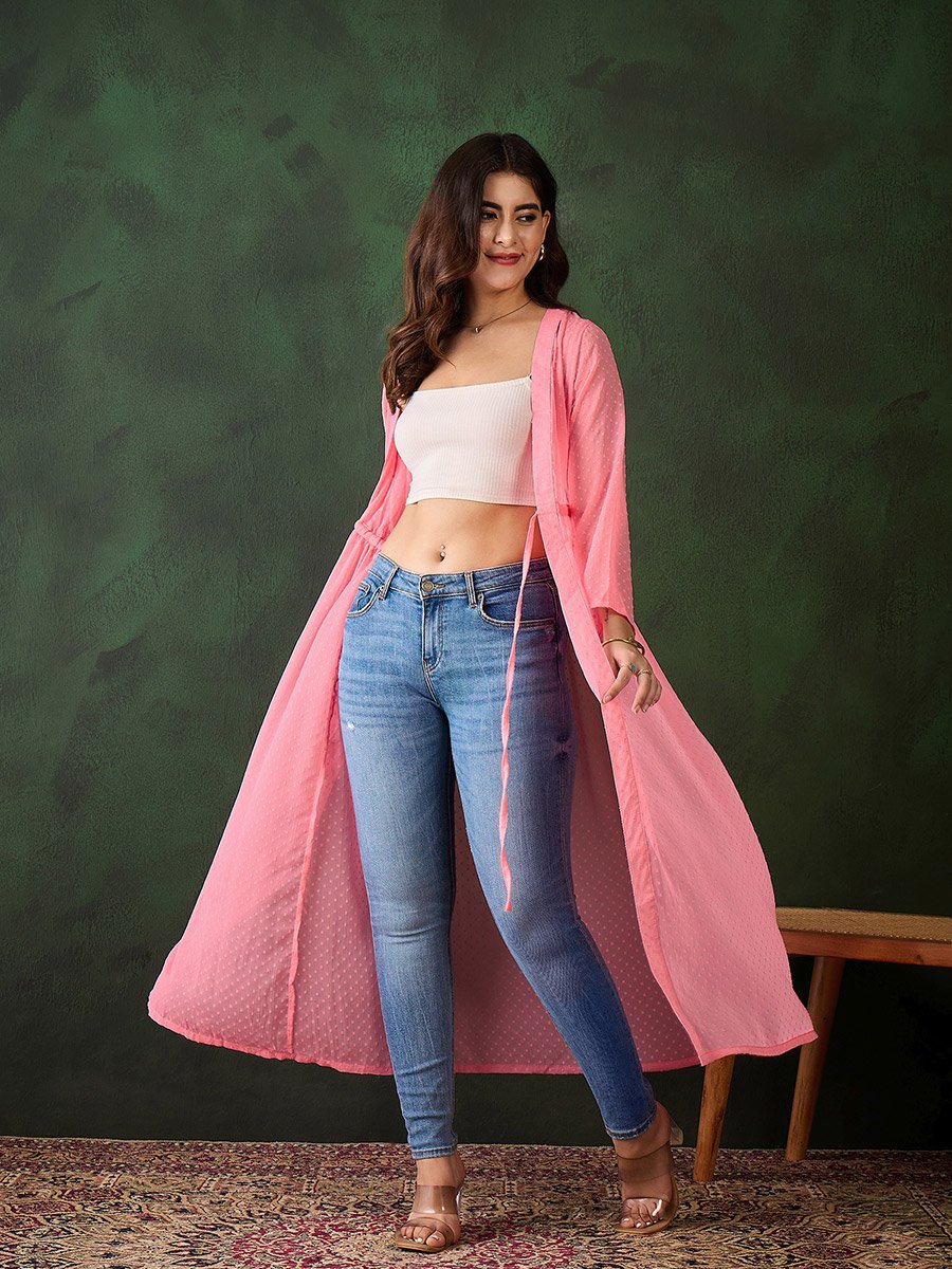 Pink Solid Chiffon Ruched Waist Shrug