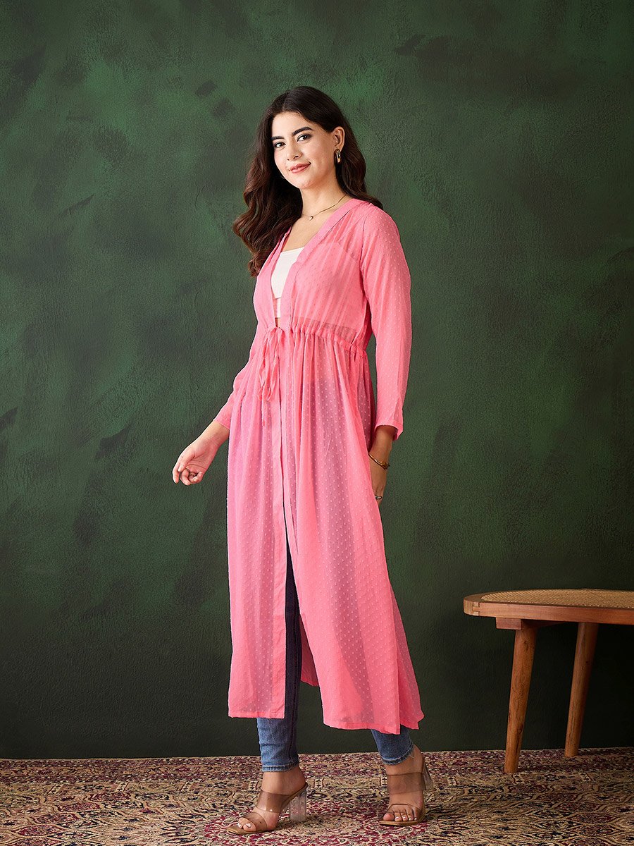 Pink Solid Chiffon Ruched Waist Shrug