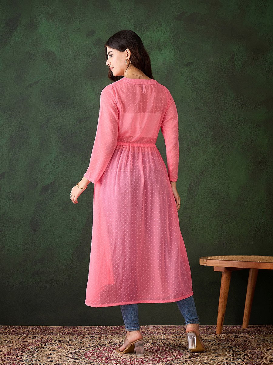 Pink Solid Chiffon Ruched Waist Shrug