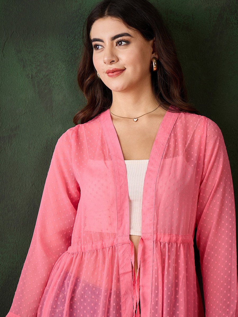 Pink Solid Chiffon Ruched Waist Shrug