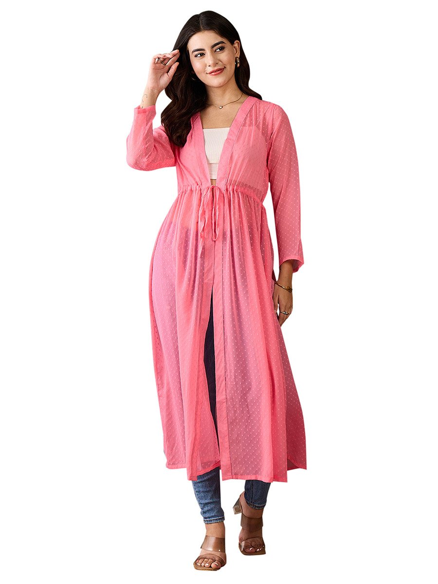 Pink Solid Chiffon Ruched Waist Shrug