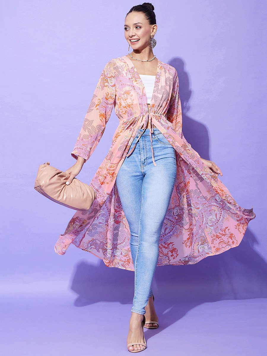 Peach Floral Print Long Sleeve Shrug