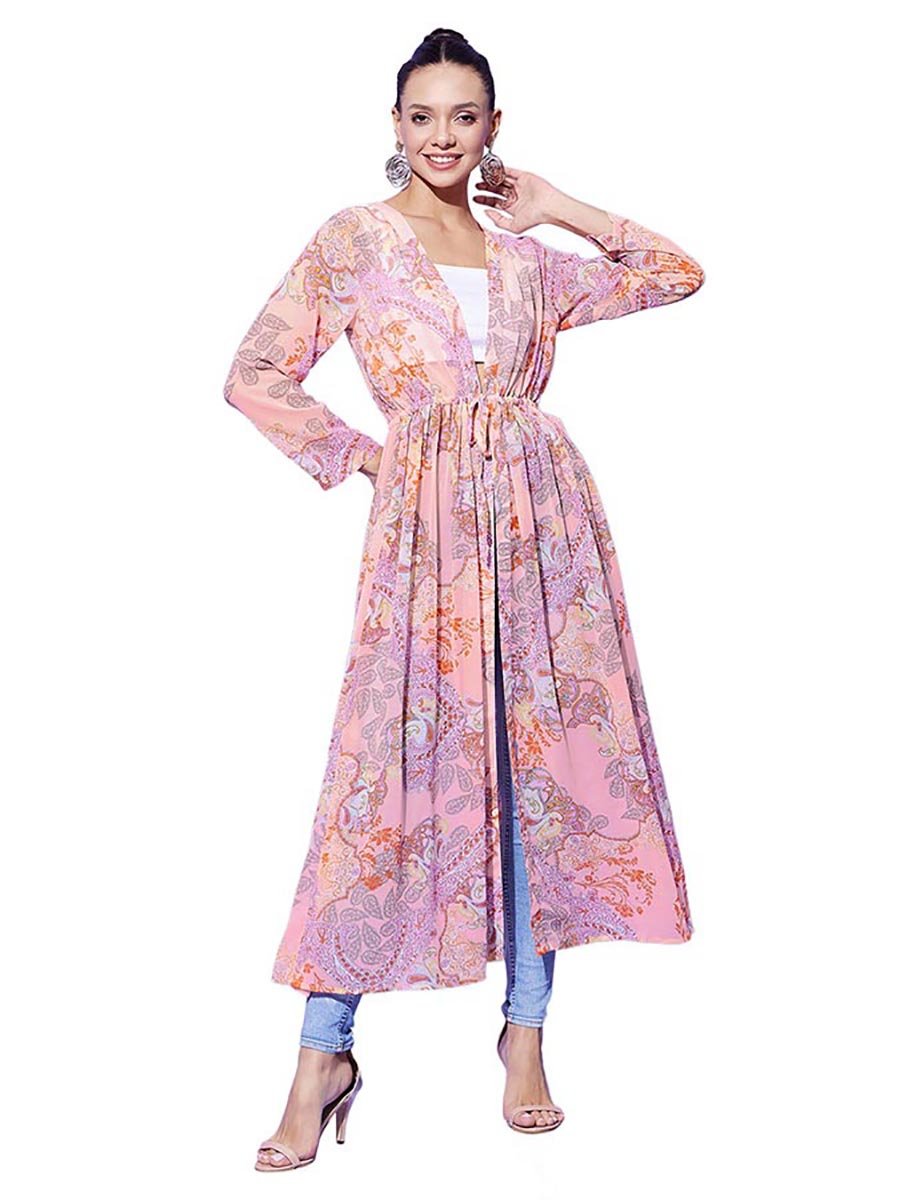 Peach Floral Print Long Sleeve Shrug