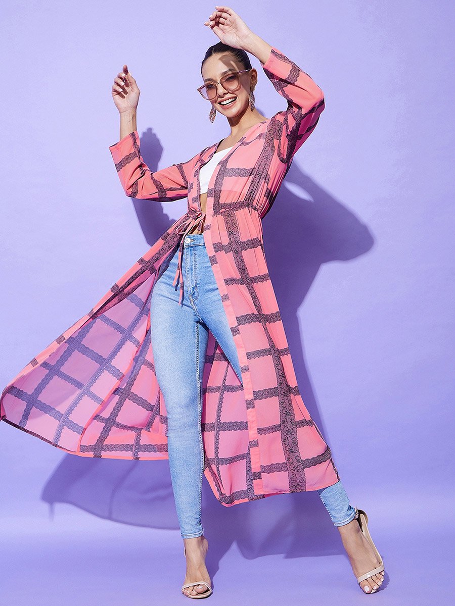 Pink Checked Print Long Sleeve Shrug