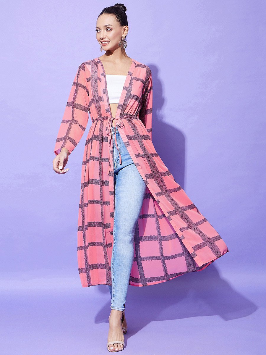 Pink Checked Print Long Sleeve Shrug