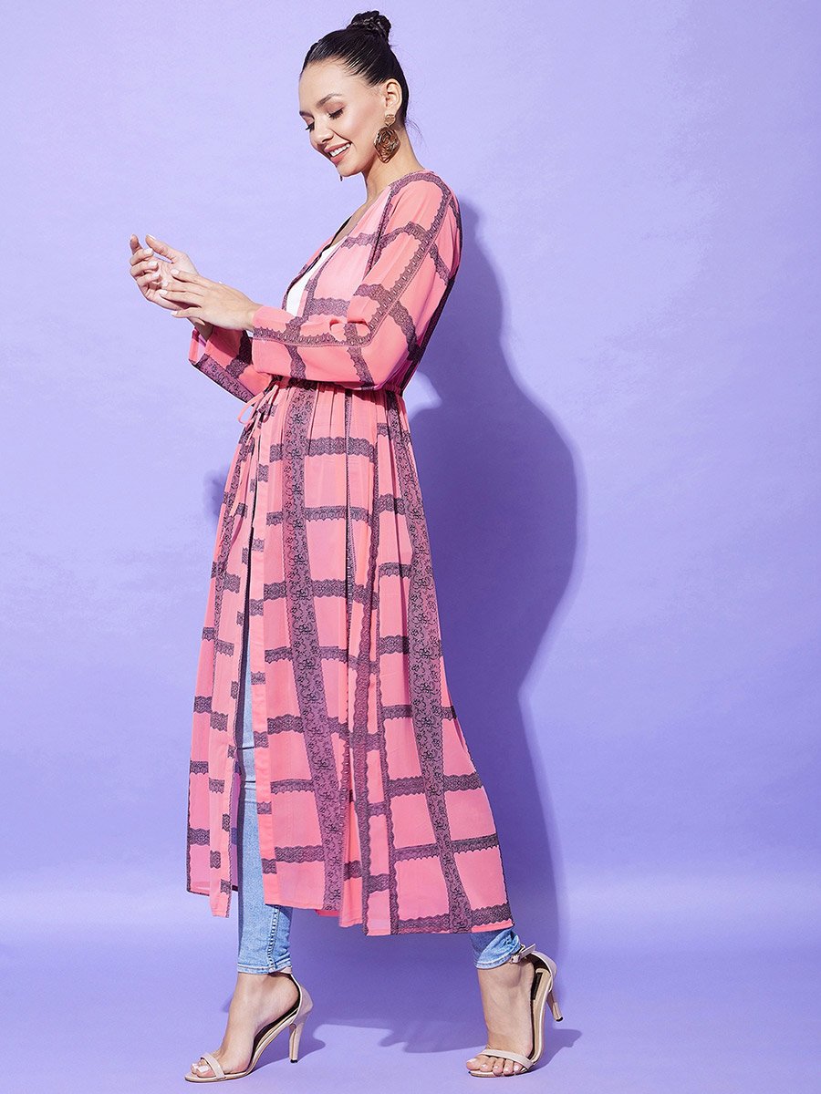 Pink Checked Print Long Sleeve Shrug