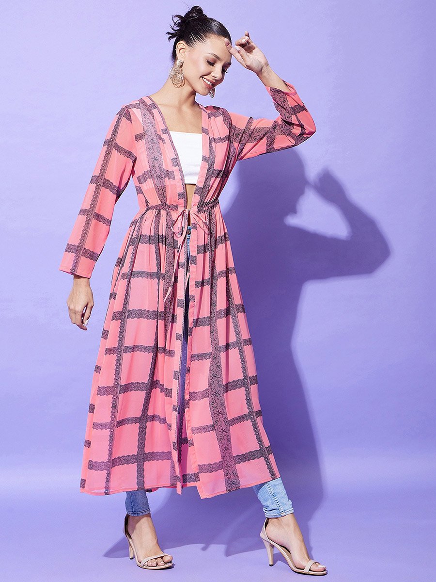 Pink Checked Print Long Sleeve Shrug