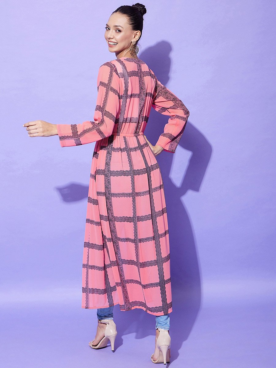 Pink Checked Print Long Sleeve Shrug
