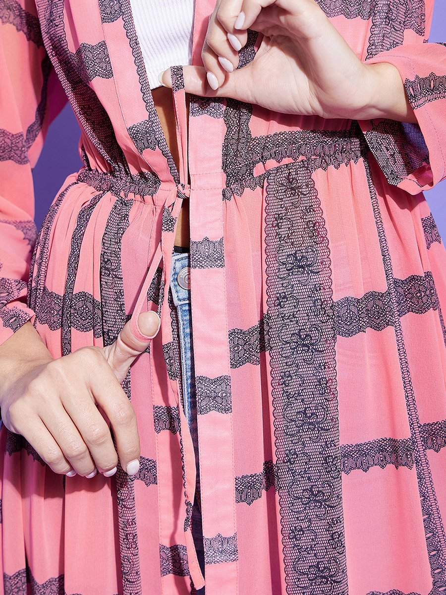 Pink Checked Print Long Sleeve Shrug
